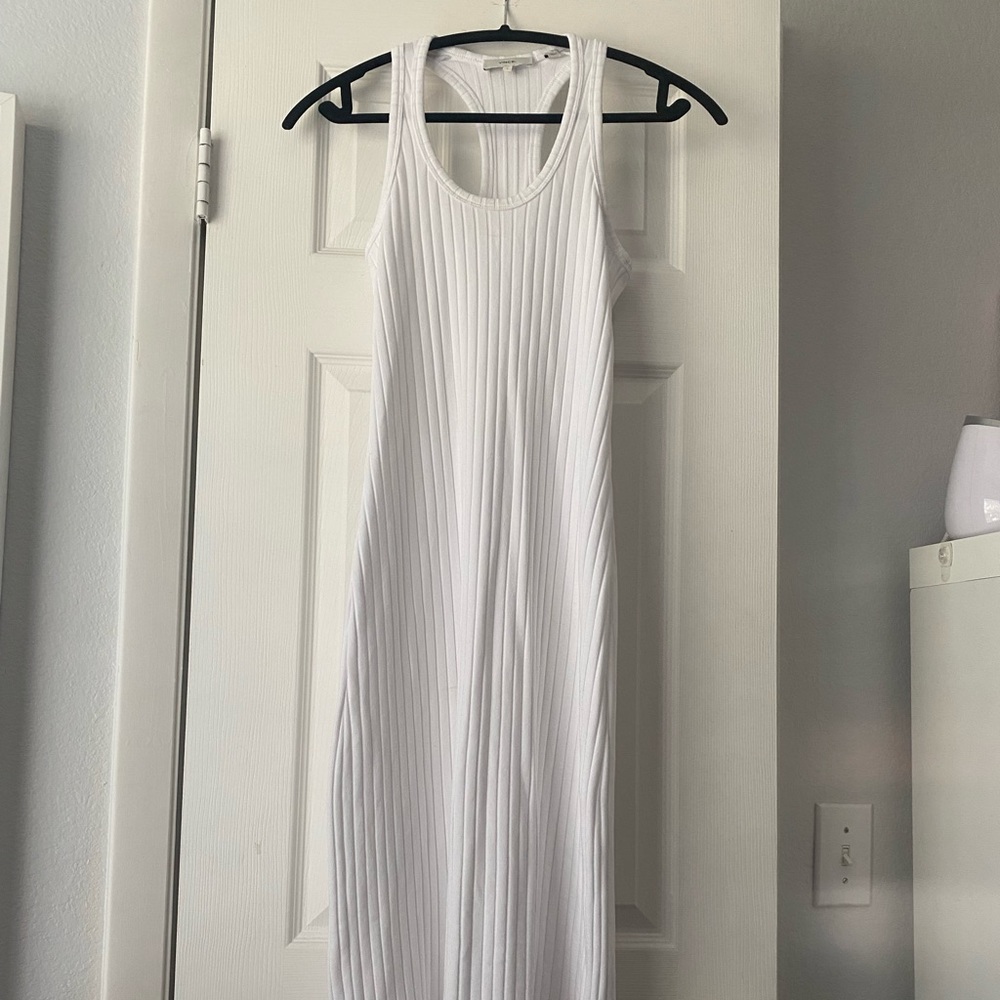 VINCE ribbed racer back dress in white